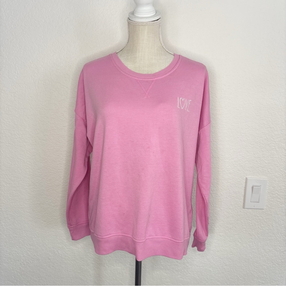 Rae Dunn Sweatshirt Size L Pink Love Heart Embroidered Crewneck Pullover